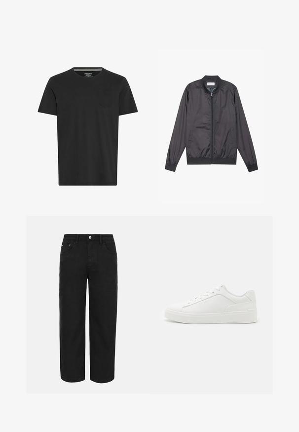 Μαύρο bomber jacket φτιαγμένο από ελαφρύ, λείο υλικό, με κλείσιμο φερμουάρ, ριμπ λαιμό και μανίκια, και ριμπ στρίφωμα; διαθέτει πλαϊνές τσέπες.; Μαύρο κοντομάνικο μπλουζάκι φτιαγμένο από βαμβάκι. Διαθέτει στρογγυλή λαιμόκοψη και μια μικρή τσέπη στην αριστερή πλευρά του στήθους. Λείος υφασμάτινος ιστός και απλός σχεδιασμός.; Μαύρο παντελόνι με ίσια γραμμή, με κούμπωμα κουμπιού και φερμουάρ μπροστά, θηλιές για ζώνη και τρεις εμπρόσθιες τσέπες σε απλό ανοιχτό φόντο.; Λευκά χαμηλά αθλητικά παπούτσια κατασκευασμένα από λείο δέρμα, με στρογγυλή μύτη, επίπεδες σόλες και διακριτική σήμανση στο πλάι.