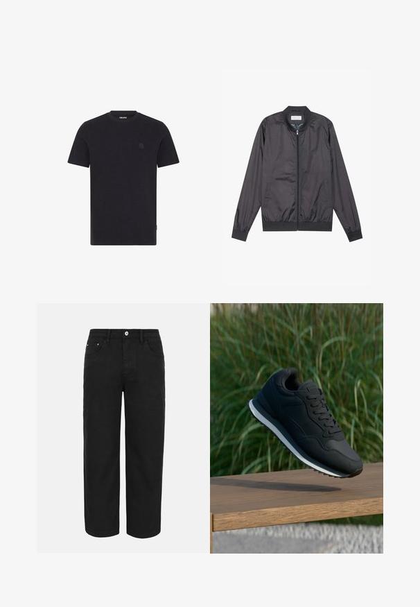 Chaqueta bomber negra hecha de un material ligero y suave con cierre de cremallera, cuello, puños y dobladillo acanalados; cuenta con bolsillos laterales.; Camiseta de corto de manga en color navy, hecha de tejido texturizado. Presenta un cuello redondo y un logo sutil en el pecho. Dobladillo recto en la parte inferior.; Pantalones negros de corte recto con cierre frontal de botón y cremallera, trabillas para cinturón y tres bolsillos delanteros sobre un fondo liso y claro.; Zapatilla deportiva negra con parte superior texturizada, diseño con cordones y media suela blanca en contraste; exhibida en el aire sobre una superficie de madera.