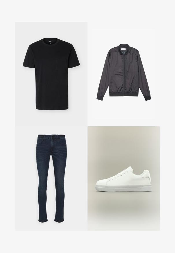 Μαύρο bomber jacket φτιαγμένο από ελαφρύ, λείο υλικό, με κλείσιμο φερμουάρ, ριμπ λαιμό και μανίκια, και ριμπ στρίφωμα; διαθέτει πλαϊνές τσέπες.; Μαύρο κοντομάνικο μπλουζάκι με στρογγυλή λαιμόκοψη και τσεπάκι στο στήθος, παρουσιασμένο σε απλό λευκό φόντο.; Σκούρες μπλε τζιν παντελόνες με στενή εφαρμογή. Περιλαμβάνουν κλείσιμο με κουμπί, πέντε τσέπες και διακριτική φθορά μπροστά.; Λευκό χαμηλό αθλητικό παπούτσι με κορδόνια μπροστά, μαξιλαρωμένο κολάρο και υφασμένο λαστιχένιο πάτο, εμφανίζεται σε πλαϊνή όψη σε ουδέτερο φόντο.