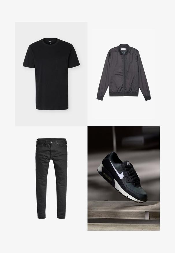 Veste bomber noire en matériau léger et lisse avec fermeture éclair, col, poignets et ourlet côtelés ; elle dispose de poches latérales.; T-shirt noir à manches courtes et col rond avec une poche poitrine, présenté sur un fond blanc uni.; Jeans noirs slim-fit avec poches avant, passants de ceinture, et fermeture à bouton, présentés sur un fond blanc.; Baskets Nike Air Max noires et grises avec un logo blanc, suspendues au-dessus d'une surface en béton sur un fond sombre flou.