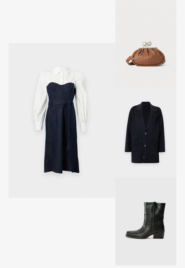 Marineblå frakke i uldblanding med notchet krave, to forlommer og tre knapper. Oversized design med lige ærmer.; Denim kjole med en struktureret mørkeblå overdel og hvide skjortelignende ærmer. Har en tætsiddende talje og matchende bælte.; Sort læder ankelstøvle med rundt tå, blokhæl, lynlås i siden og stikninger på vampsiden. Glat tekstur, klassisk design.; Brun læder clutch-pung med sølv kugleklap og en lille sølv kædedetalje på en hvid baggrund.