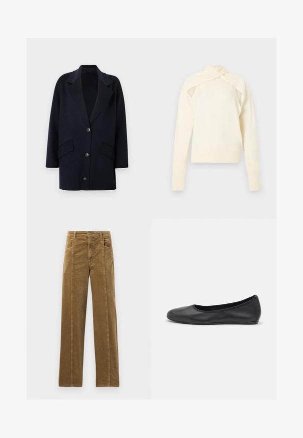 Marineblå frakke i uldblanding med notchet krave, to forlommer og tre knapper. Oversized design med lige ærmer.; Kremfarvet strikket langærmet top med udskæring ved skuldrene og en omslagskrave, vist på en neutral baggrund.; Brune kordfløjspants med lige ben design, der har forlommer og synlige sømme langs kanterne. Tekstileret stof med smalle ribber.; Sort læderballetsko med rund tå, glat tekstur, minimal syning og et fleksibelt såldesign.