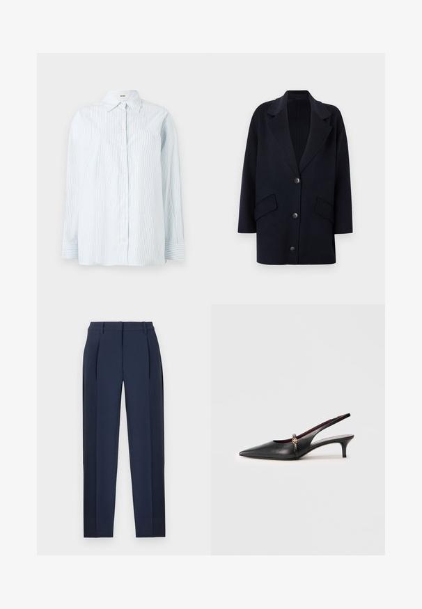 Marineblauer Wollmischmantel mit Reverskragen, zwei Fronttaschen und drei Knöpfen. Übergröße mit gerade geschnittenen Ärmeln.; Hellblau gestreiftes Button-up-Hemd aus glattem Stoff; mit klassischem Kragen und langen Ärmeln mit Knopfmanschetten.; Marineblaue maßgeschneiderte Hose mit vorderen Falten, Gürtelschlaufen und geraden Beinen, vor weißem Hintergrund präsentiert.; Schwarze Leder-Slingback-Pumps mit spitzem Vorderteil, schlankem Absatz und einem goldenen Akzent am Knöchelriemen. Glatte Textur und schlichtes Design.