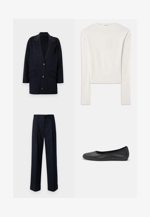 Abrigo de mezcla de lana azul marino con cuello de muesca, dos bolsillos frontales y tres botones. Diseño oversize con mangas de corte recto.; Camiseta blanca de manga larga hecha de algodón, con un sencillo cuello redondo y un ajuste ceñido. La tela es suave con un ligero estiramiento.; Los pantalones de pierna ancha de color azul marino presentan un patrón de rayas en dorado, confeccionados en una tela suave, con dobladillos en los tobillos y bolsillos frontales.; Bailarina de piel negra con punta redondeada, textura suave, detalle de costura minimalista y diseño de suela flexible.