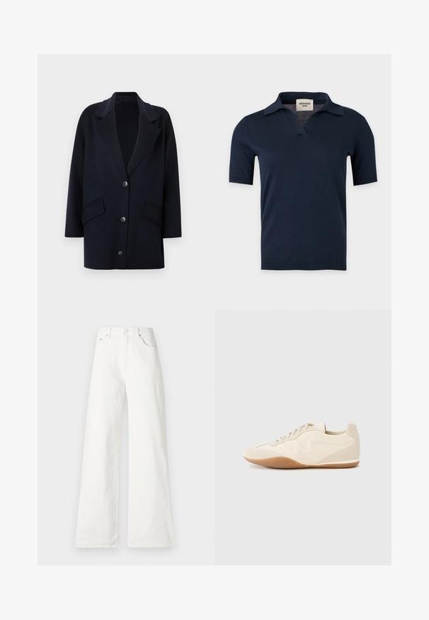 Marineblauwe jas van een wolblend met een reverskraag, twee steekzakken aan de voorkant en drie knopen. Oversized ontwerp met recht gesneden mouwen.; Navy blauw gebreid shirt met korte mouwen, een kleine open kraag en een V-hals, getoond op een effen lichtgrijze achtergrond.; Witte wijde denim jeans met een hoge taille, vijf-pocket ontwerp en een knoopsluiting aan de voorkant. Soepele textuur.; Lichtbeige sneakers met een textuur van leer op het bovenwerk, getextureerde zijpanelen en een rubberen zool. Voorzien van een slank, gestroomlijnd ontwerp en platte veters.