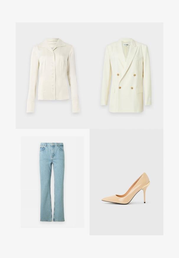 Lys cremefarvet dobbeltradet blazer i glat stof. Har guldfarvede knapper, hakkede revers og en enkelt brystlomme.; Off-white langærmet skjorte med knapper, bred krave og figursyet talje, præsenteret mod en plain lys baggrund.; Lyseblå denimjeans med lige ben, foran knap, lynlås, bæltestropper og fem-lomme design mod en hvid baggrund.; Beige laklæder pumps med høje hæle, spids tå og slank stiletthæl, med en lille guldaccent bagpå.
