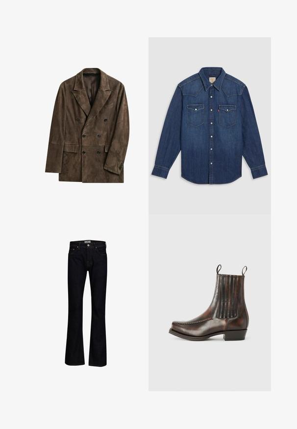 Bruine suède dubbelgeknoopte blazer met inkepingrevers, zes zwarte knopen, twee klepzakken aan de voorkant en een borstpaspelzak.; Donkerblauw denim shirt met lange mouwen, puntige kraag, witte drukknoopjes en twee borstzakken. Voorzien van gestikte schouderdetails.; Donkerblauwe flare jeans van denim met een gladde textuur. Beschikt over vijf zakken, messing hardware en contrasterende stiksels.; Bordeaux lederen enkelboot met een gladde afwerking, elastische zijpanelen, een ronde neus, decoratieve stiksels en een lage blokhak.