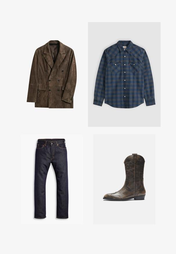 Brauner Wildleder-Zweireiher-Blazer mit Kerbkragen, sechs schwarzen Knöpfen, zwei vorderen Pattentaschen und einer Brustleistentasche.; Langärmeliges blau-graues kariertes Hemd mit spitzem Kragen und zwei vorderen Brusttaschen mit Knopfverschluss.; Dunkelblaue gerade geschnittene Jeans aus Denim mit fünf Taschen und orangefarbenen Kontrastnähten, flach auf einem weißen Hintergrund ausgelegt.; Braune Leder-Cowboystiefel mit hohem Schaft, spitzem Zehenbereich, aufwendigen Stickmustern und kleinem Absatz. Strukturierte Oberflächenbeschaffenheit.