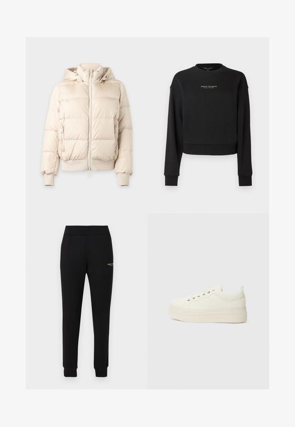 Lichtbeige donsjack met capuchon, ritssluiting aan de voorkant, ritssluitingen aan de zijkanten, geribde manchetten en zoom, getoond tegen een effen achtergrond.; Zwarte cropped trui gemaakt van zachte stof, met lange mouwen en een ronde halslijn. Gouden "Armani Exchange" logo op de voorkant.; Zwarte taps toelopende sweatpants met een elastische tailleband en boorden, voorzien van een klein gouden "Armani Exchange" logo op de rechterdij.; Witte sneakers met een gestructureerde bovenkant, platte zool, ronde neus en een klein trekloopje aan de hiel. Voorzien van metalen veterogen.