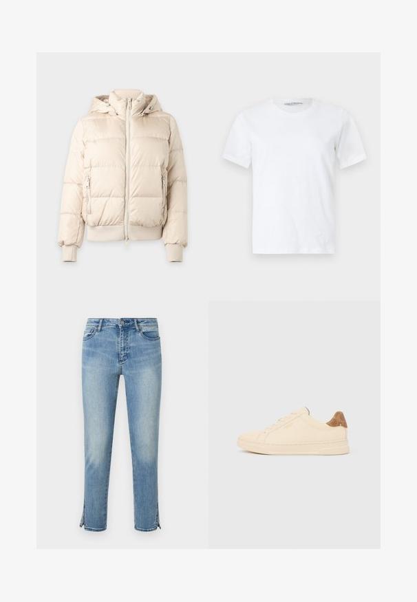 Doudoune beige clair avec capuche, fermeture éclair devant, poches latérales zippées, poignets et ourlet côtelés, présentée sur un fond uni.; T-shirt blanc uni à manches courtes et col rond, posé à plat sur un fond clair, vue de face avec une petite étiquette de marque visible à l'intérieur du col.; Jean en denim bleu clair délavé avec bouton à l'avant, poches et fentes aux chevilles des deux côtés, présenté sur fond blanc.; Baskets basses beige avec lacets beiges, languette de talon à motif marron clair et logo "Coach New York" sur le côté.