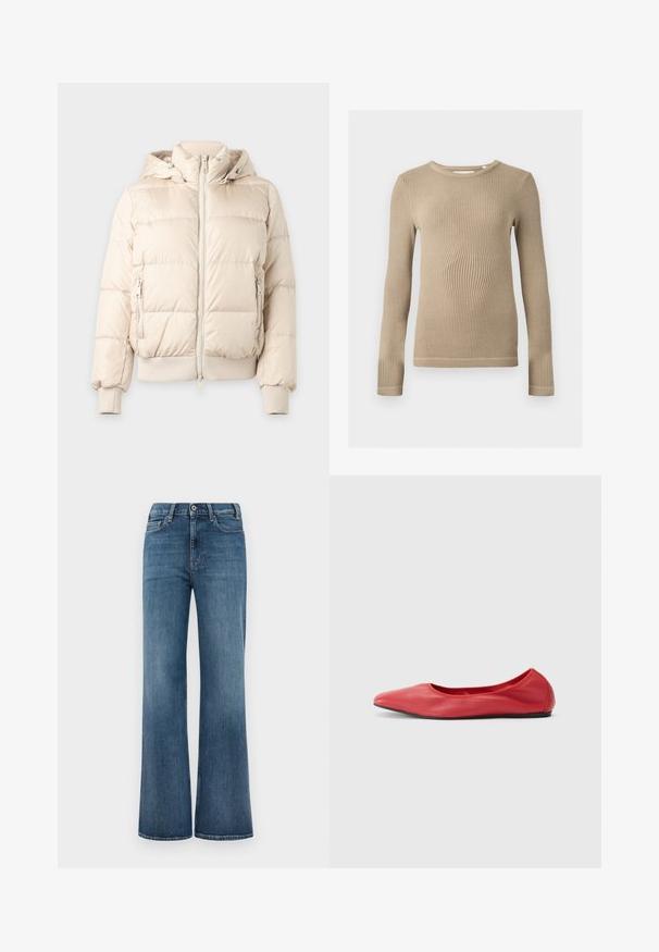 Hellbeige Steppjacke mit Kapuze, Frontreißverschluss, Reißverschlusstaschen an der Seite, gerippten Bündchen und Saum, vor schlichtem Hintergrund dargestellt.; Beiger gerippter Langarm-Stricktop mit Rundhalsausschnitt, figurbetonter Silhouette und sichtbaren Nahtabschlüssen an den Säumen vor einfarbigem Hintergrund.; Blaue Denim-Jeans mit weitem Beinansatz, Knopf- und Reißverschluss, sowie Vorder- und Gesäßtaschen, präsentiert auf einem schlichten weißen Hintergrund.; Filippa K REY FLATS - Klassischer Ballerina - bright red