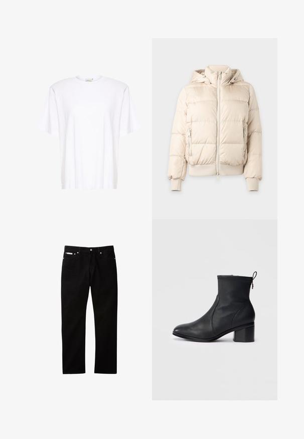 Doudoune beige clair avec capuche, fermeture éclair devant, poches latérales zippées, poignets et ourlet côtelés, présentée sur un fond uni.; Gestuz SAMURILLY - T-shirt basique - bright white; Jean en denim noir à coupe droite, doté d'une fermeture par bouton et zip, de cinq poches, et d'une petite étiquette logo sur la ceinture.; Bottine en cuir noir au design épuré, à bout rond, avec des coutures texturées en haut et un talon bloc. Équipée d'une fermeture éclair et d'une tirette.