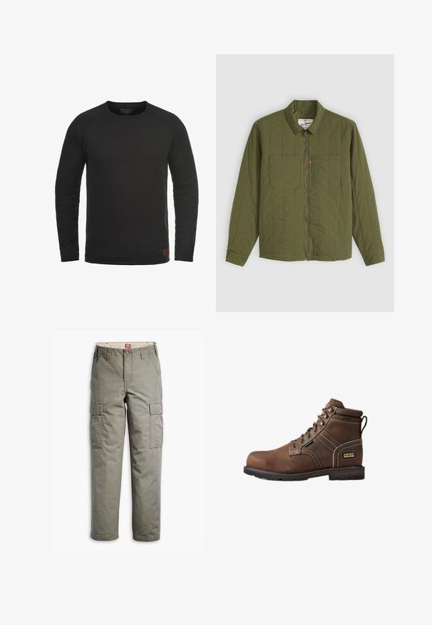 Chaqueta acolchada verde oliva con cuello de solapa, cremallera frontal y dos bolsillos en el pecho. Presenta detalles de costura sutiles y una textura suave.; Sudadera negra de manga larga y cuello redondo hecha de una tela texturizada, con un pequeño parche marrón de la marca en la parte inferior derecha.; Pantalones cargo en verde olivo, fabricados en una mezcla de algodón duradera, con bolsillos laterales, un diseño de pierna recta y cierre de botón.; Bota de trabajo marrón de cuero con cordones, puntera de acero, etiqueta impermeable, cuello acolchado en el tobillo y logo Ariat Work en el talón.