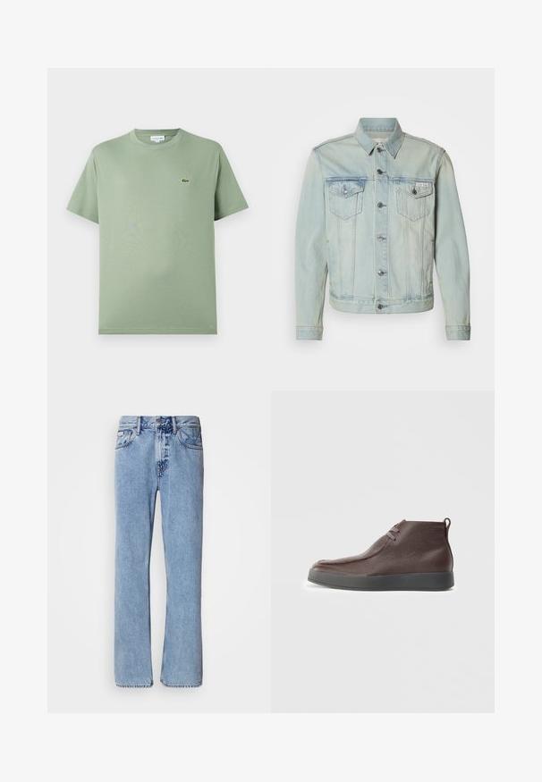 Hellblaue Jeansjacke mit Knopfleiste vorn, zwei Brusttaschen und Kragen. Verfügt über silberne Beschläge und einen verblassten Farbverlauf.; Hellgrünes Baumwoll-T-Shirt mit Rundhalsausschnitt, kurzen Ärmeln und einem kleinen Logo auf der linken Brust. Glatte Textur, normale Passform.; Hellblaue Jeans aus Denim mit geradem Bein, fünf Taschen und Knopfverschluss. Nähte in der Nähe der Taschen und des Bundes.; Braune Leder-Ankle-Boots mit strukturierter Oberfläche, weichem, abgerundetem Zehenbereich und grauer Gummisohle, ausgestattet mit zwei Ösen für Schnürsenkel.