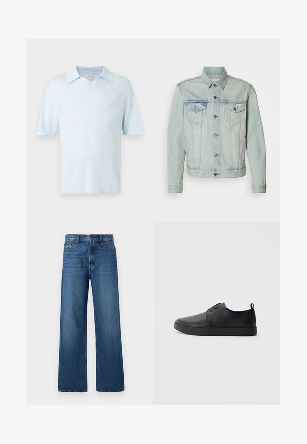 Veste en denim bleu clair avec une fermeture à boutons, deux poches poitrine et un col. Présente une quincaillerie argentée et un effet dégradé estompé.; Polo bleu clair manches courtes avec un col classique, présenté sur un fond blanc uni.; Jean bleu à taille haute et coupe droite, avec bouton et fermeture éclair à l'avant, cinq poches, et un petit patch de marque sur la poche droite.; Baskets en cuir noir avec une finition lisse, bout arrondi, coutures ton sur ton, devant à lacets et semelle plate en caoutchouc. Anse au talon.
