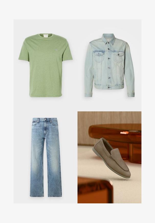 Veste en denim bleu clair avec une fermeture à boutons, deux poches poitrine et un col. Présente une quincaillerie argentée et un effet dégradé estompé.; T-shirt en coton vert clair à manches courtes, col rond et petit logo brodé sur la poitrine gauche.; Jean droit en denim bleu clair avec taille haute, cinq poches, fermeture à boutons et léger délavage sur les cuisses et les genoux.; Mocassin beige en daim à enfiler avec coutures visibles et semelle claire, positionné au-dessus d'un tapis crème, avec un meuble translucide orange en arrière-plan.