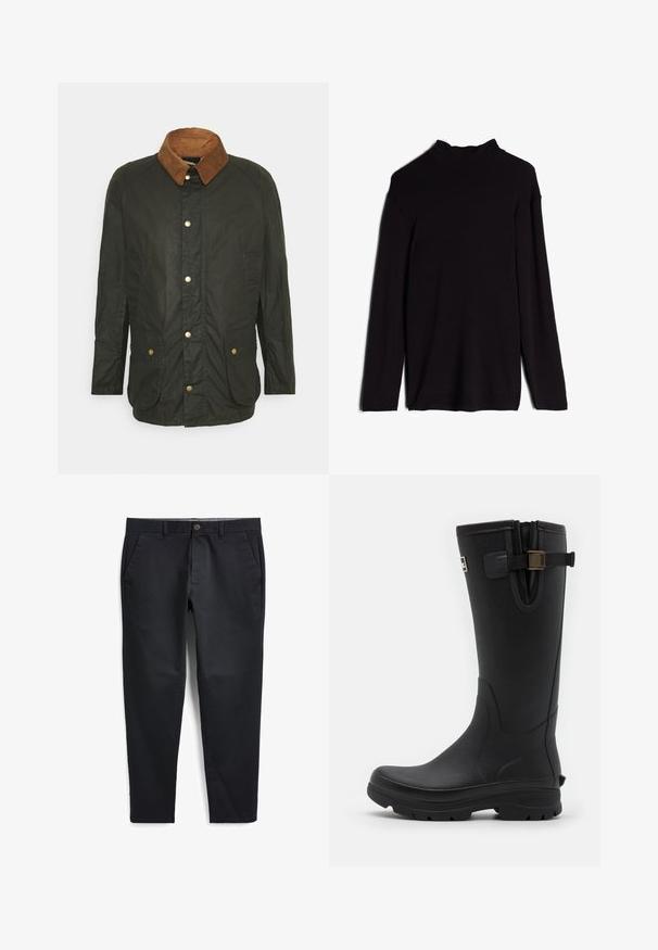 Barbour LIGHTWEIGHT ASHBY WAX - Halflange jas - archive olive; Zwarte lange mouwen top met een hoge kraag, gemaakt van lichtgewicht stof, met een relaxte pasvorm en zijsplitten aan de onderrand.; Zwarte tapering chinos gemaakt van een katoenmix, met voorzakken en een knoopsluiting. Glad oppervlak met een strakke afwerking.; Barbour TEMPEST TALL WELLY - Regenlaarzen - black