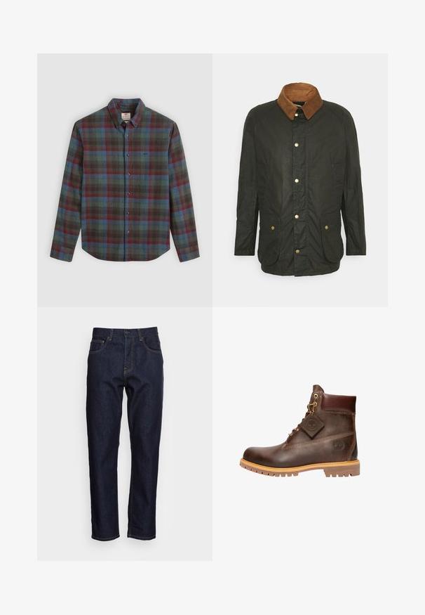 Barbour LIGHTWEIGHT ASHBY WAX - Manteau court - archive olive; Chemise à manches longues pour hommes avec un motif tartan rouge, bleu et vert, col écarté et une poche poitrine.; Jeans en denim bleu foncé avec une coupe droite, cinq poches et des coutures jaunes contrastées. Conçus avec une fermeture classique à bouton et à glissière.; Bottine en cuir marron avec un bout rond, une semelle robuste, des éléments en doré et un dessus texturé. Comprend une étiquette de logo attachée.