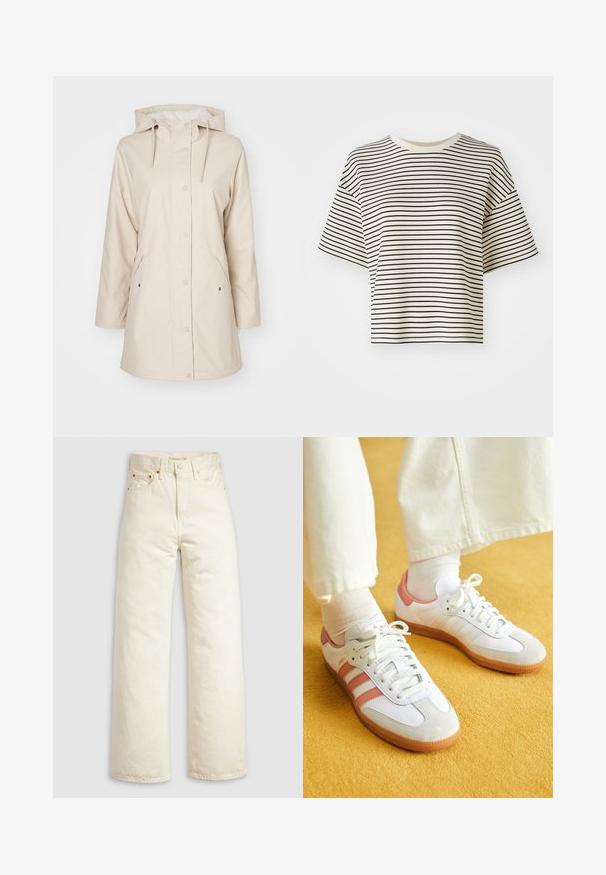 Beige regnfrakke med hætte, trykknapper og sidelommer. Lavet af glat, vandtæt materiale. Har en blød foring.; Stribet cropped t-shirt med korte ærmer. Farve: off-white bund med tynde sorte vandrette striber. Materialet ser blødt ud, med en glat tekstur.; Vidbenede jeans i offwhite denim med høj talje, kobbernitter og klassisk design med fem lommer. Struktureret stof med rene kanter.; Hvide sportsko med lyserøde accenter, lavet af ruskind og læder, rund tå og gummisål, vist med lyse sokker på en gul baggrund.