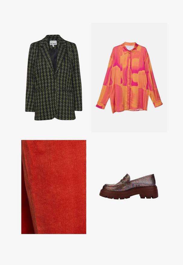 Blazer de pata de gallo en negro y verde con dos botones, solapas de pico y dos bolsillos laterales. Forro interior suave. Corte ajustado.; Camisa de manga larga en vibrantes tonos de rosa y naranja, con un cierre de botones en la parte delantera, un collar clásico y una tela fluida y ligera.; Tela de pana roja con costillas verticales, que presenta una textura suave. El color uniforme y las líneas definidas crean una apariencia homogénea.; Mocasines de plataforma brillantes con una superficie multicolor y brillante, suela de goma marrón y diseño clásico sin cordones. Acabado de textura suave.