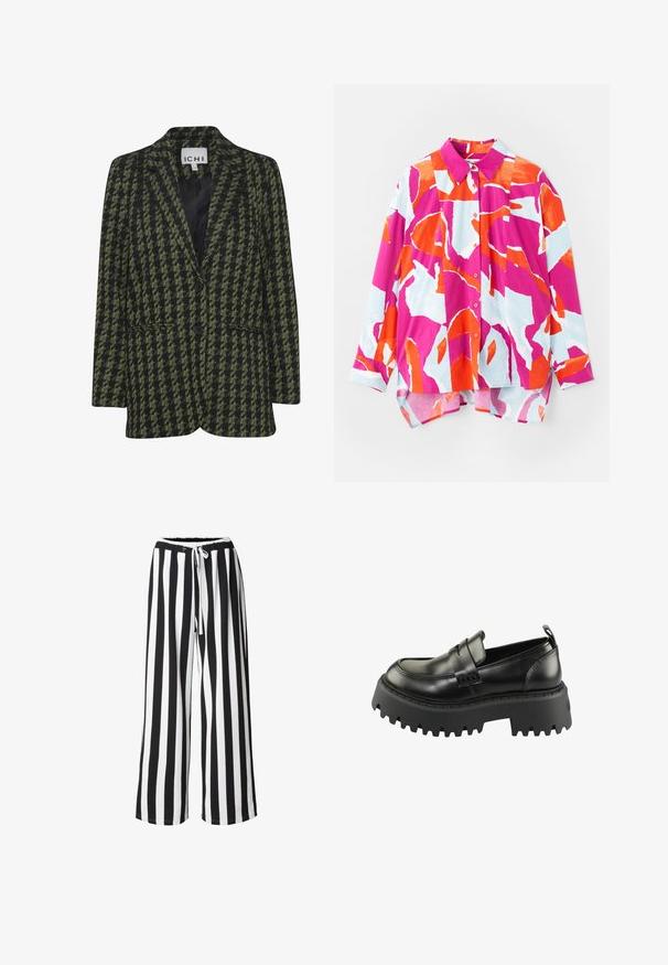 Blazer pied-de-poule noir et vert avec deux boutons, revers pointus et deux poches latérales. Doublure intérieure lisse. Coupe ajustée.; Chemise à boutons ornée d'un motif abstrait coloré dans des teintes de rose, orange et bleu clair. Fabriquée en tissu lisse avec un col et des manches longues.; Pantalon à jambes larges avec des rayures verticales noires et blanches et un cordon blanc à la taille élastique.; Mocassins en cuir noir avec une semelle en caoutchouc noir épaisse et texturée. Présentent un bout rond et une sangle décorative sur le coup de pied.