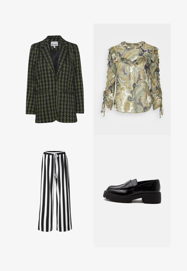 Μαύρο και πράσινο σακάκι με σχέδιο houndstooth, με δύο κουμπιά, αιχμηρές πέλματα και δύο πλαϊνές τσέπες. Λείος εσωτερικός επένδυση. Ρυθμισμένη εφαρμογή.; Veronica Beard HOWELL BLOUSE - Μπλούζα - green; Παντελόνι με φαρδιά μπατζάκια, κάθετες μαύρες και άσπρες ρίγες και λευκό κορδόνι στη ελαστική μέση.; Μαύρο γυαλιστερό δερμάτινο loafer με χοντρή σόλα και χαμηλό τετράγωνο τακούνι, ραφές στο πλάι και φαρδιά λωρίδα πάνω από το πάνω μέρος.