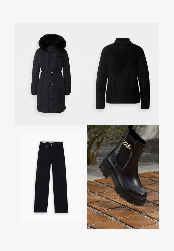 Morgan GALEX - Manteau d'hiver - noir; Pull col roulé noir en tissu côtelé. Présente des manches longues et un design ajusté avec un col plus haut. Texture douce.; Jean en denim noir avec une coupe droite, cinq poches, matériel en cuivre et texture lisse. Deux étiquettes visibles sur la taille.; Bottine en cuir noir avec une semelle en caoutchouc épaisse, des panneaux latéraux élastiques et un accent doré avec le logo "GUESS".