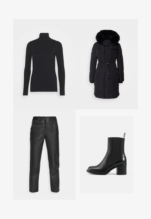 Morgan GALEX - Wintermantel - noir; Zwarte geribde coltrui met lange mouwen en een aansluitende pasvorm. De textuur is glad met een horizontaal ribpatroon.; Zwarte leren broek met een rechte pijpdesign, gladde textuur en riemlussen. Geen zichtbare patronen of hardwaredetails.; Zwarte leren enkelboot met elastische zijkanten, ronde neus en blokhak. Gladde textuur met minimale stiknaaddetails.