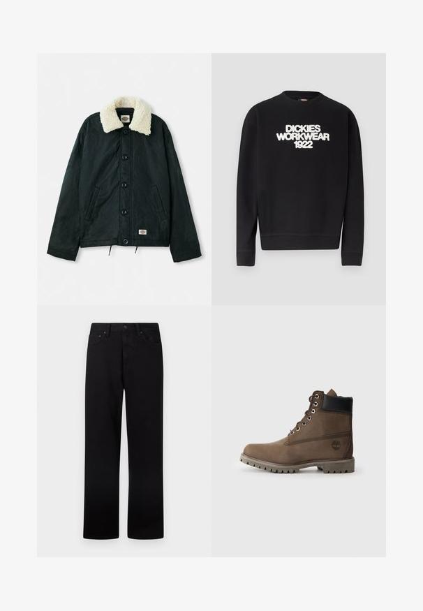 Black jacket featuring a cream faux shearling collar, front snap buttons, side pockets, and drawstring hem. Label on the lower left.; Black crewneck sweatshirt with white textured text "DICKIES WORKWEAR 1922" across the chest, ribbed cuffs and hem.; Black straight-leg jeans with button and zip closure, belt loops, and front and back pockets, displayed on a white background.; Brown leather ankle boot with black collar, metal eyelets, and rugged gray sole. Features logo on side and stitched detailing.
