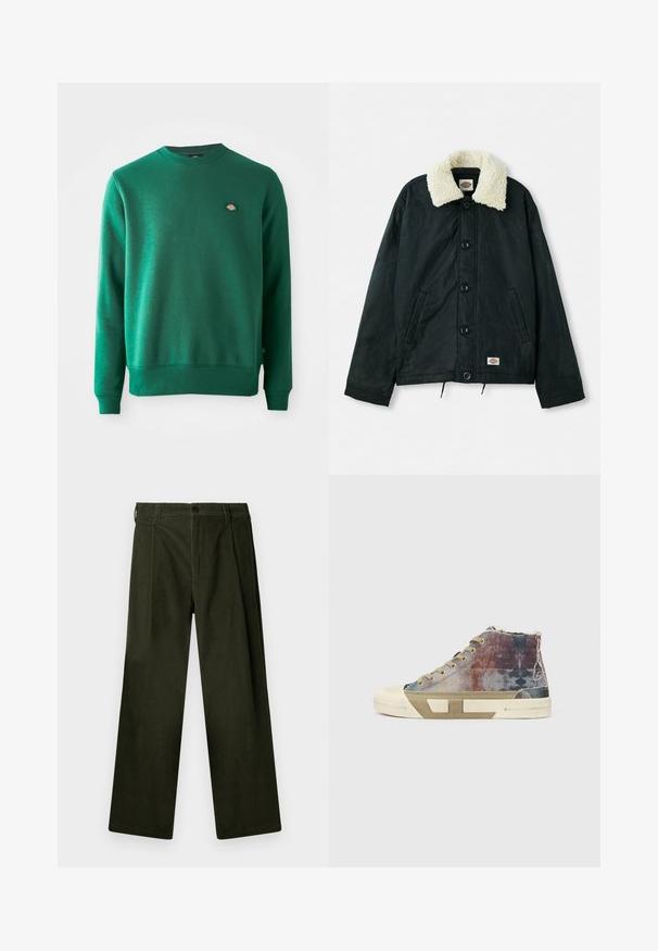 Zwarte jas met een crèmekleurige nepbont kraag, drukknoopsluiting aan de voorkant, zijzakken en een trekkoord onderaan. Etiket aan de linkerbenedenkant.; Groene sweatshirt van een katoenmix. Heeft een geribbelde ronde halslijn, lange mouwen en een klein logo-ophaal op de borst.; Donkergroene corduroy broeken met een wijde pijp, voorzien van voorplooien, een knoopsluiting en riemlussen. Gladde textuur.; High-top sneakers met een meerkleurig canvas bovenwerk met vervaagde patronen, beige zool en een minimalistisch ontwerp. Blootgestelde stiksels en accenten.
