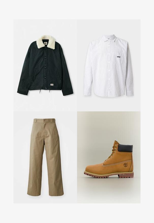 Sort jakke med en krave i cremefarvet faux shearling, frontknapper, sidelommer og snor i kanten. Etiket på nederste venstre side.; Hvid skjorte med lange ærmer og knapper med tynde lodrette grå striber, krave, brystlomme og lille sort "obey" logo på lommen.; Khaki bredde ben bukser lavet af bomuldsblandingsstof, med en enkelt knaplukning og synlige sidelommer. Glat tekstur, plisseret detalje.; Brun læderankelstøvle med sort krave, gule snørebånd og tanfarvet sål. Har logo og hvide syninger som detalje. Robust ydersål med greb.