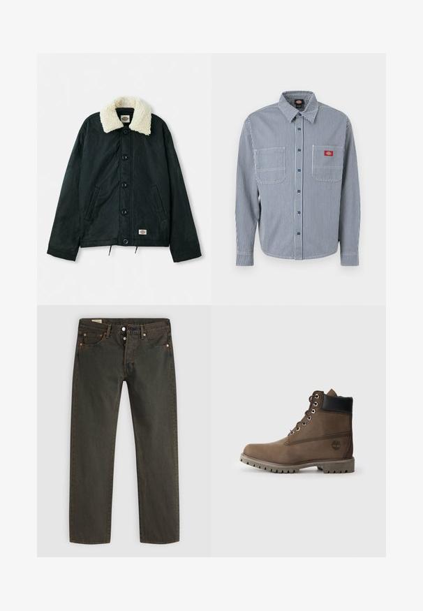 Veste noire avec un col en fausse fourrure crème, boutons-pression à l'avant, poches latérales et ourlet à cordon. Étiquette en bas à gauche.; Chemise à manches longues avec boutons, rayures verticales bleu et blanc, deux poches poitrine, et un patch logo rouge sur la poche gauche.; Jean en denim vert foncé, avec une coupe droite, cinq poches, des éléments en métal cuivre et un léger délavage.; Bottines en cuir marron avec un col noir, œillets en métal et semelle grise robuste. Comprend un logo sur le côté et des détails cousus.