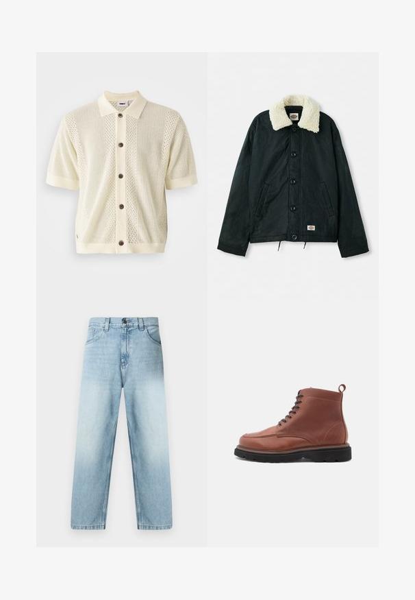 Sort jakke med en krave i cremefarvet faux shearling, frontknapper, sidelommer og snor i kanten. Etiket på nederste venstre side.; Kortærmet strikket cardigan i lys gul med en kontrastfarvet ensfarvet krave, fem brune knapper og teksturerede mønstre på forsiden.; Lyseblå jeans med lige ben, som har en falmet finish, fem-lomme-design og synlige syninger langs sømmene. Fremstillet af bomuldsdenim.; Brune læder ankelstøvler med rund tå, snørebånd foran og struktureret overflade, der har en pull-tab og en robust sort sål.