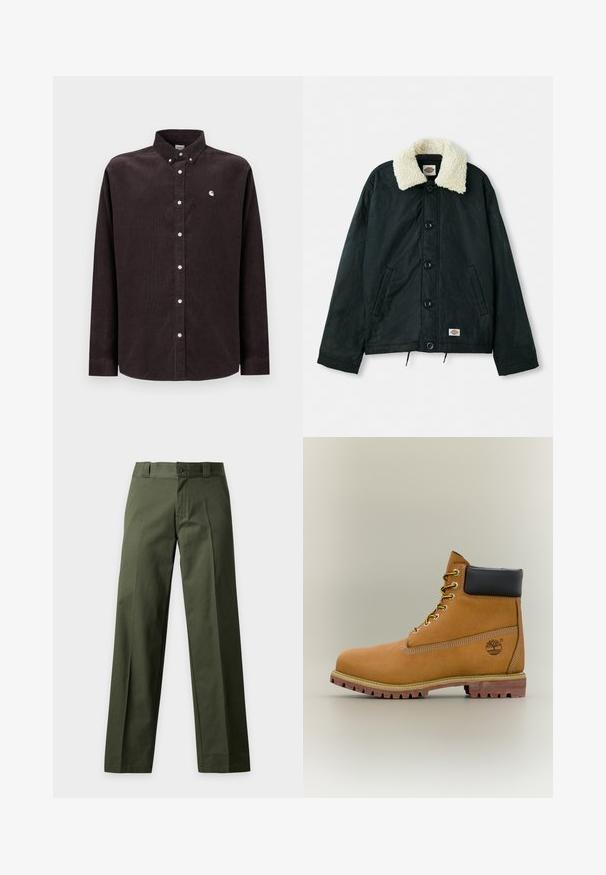 Black jacket featuring a cream faux shearling collar, front snap buttons, side pockets, and drawstring hem. Label on the lower left.; Dark brown corduroy shirt with a button-down collar, long sleeves, white buttons, and a small logo on the left chest.; Olive green straight-leg trousers with belt loops, front button, and zip closure, displayed against a neutral background.; Brown leather ankle boot with black collar, yellow laces, and tan sole. Features logo and white stitching detail. Rugged traction outsole.