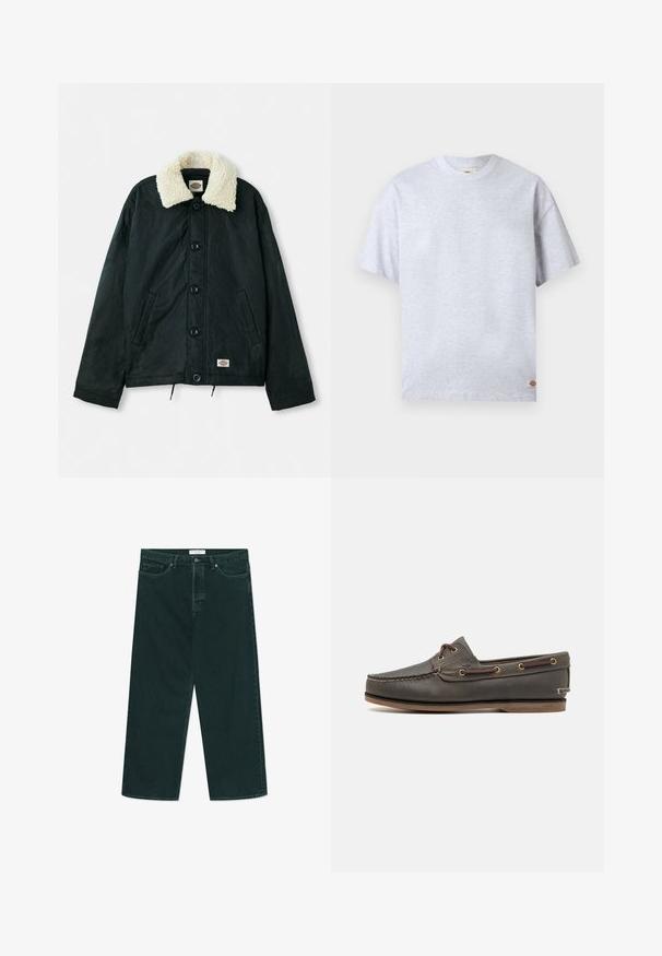Sort jakke med en krave i cremefarvet faux shearling, frontknapper, sidelommer og snor i kanten. Etiket på nederste venstre side.; Enkelt lysegråt T-shirt med korte ærmer og rund hals, med en lille rektangulær logo-tag nederst ved højre kant.; Mørkegrønne vidde denimjeans med knap- og lynlås lukning, forlommer og bæltestropper, liggende fladt på en hvid baggrund.; Mørkebrune læder bådsko med lav profil, der har messingøjer og kontrasterende syninger, flad gummisål og struktureret overflade.