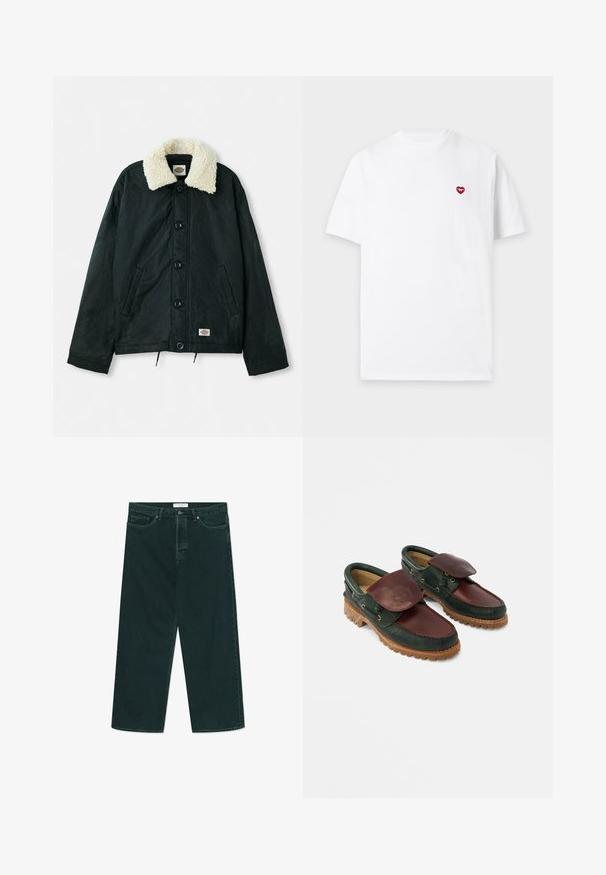Sort jakke med en krave i cremefarvet faux shearling, frontknapper, sidelommer og snor i kanten. Etiket på nederste venstre side.; Simpel hvid T-shirt med korte ærmer og et lille rødt hjerteemblem på venstre brystområde på en lys grå baggrund.; Mørkegrønne vidde denimjeans med knap- og lynlås lukning, forlommer og bæltestropper, liggende fladt på en hvid baggrund.; Lædersko med en mørkegrøn krop og en burgunderrød top, rund tå, fastgjort klap og tekstureret gummisål med riller.
