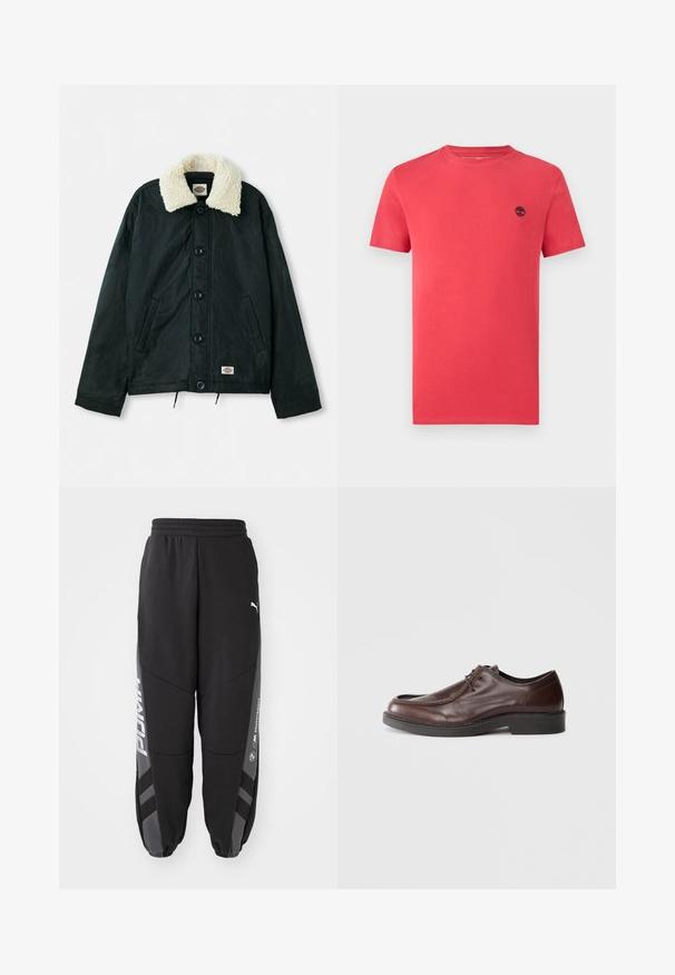Sort jakke med en krave i cremefarvet faux shearling, frontknapper, sidelommer og snor i kanten. Etiket på nederste venstre side.; Rød T-shirt med korte ærmer og rund hals, med lille sort trælogo på venstre bryst, ensfarvet design.; Sorte joggebukser lavet af blødt materiale. Har elastisk talje, tapered ben, grå detaljer og hvide logoer på siderne.; Brune lædersko med rund tå, minimal syning og en solid sort sål. Har snørelukning og en glat overflade.
