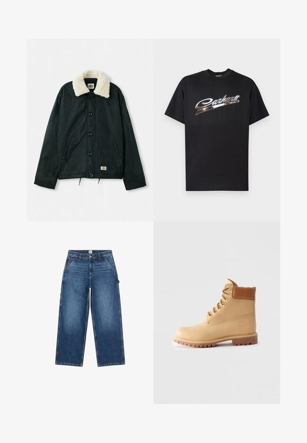 Schwarze Jacke mit einem krämfarbenen Kunstfellkragen, Frontdruckknöpfen, seitlichen Taschen und einem Kordelzug am Saum. Etikett auf der unteren linken Seite.; Schwarzes Baumwoll-T-Shirt mit glänzendem "Carhartt"-Logo in stilisierten silbernen Buchstaben auf der Brust, kurzen Ärmeln und Rundhalsausschnitt.; Blaue Jeans mit weitem Bein, vorne Taschen, Gürtelschlaufen, Knopfverschluss und einem Lee-Label am Bund.; Hellbraune Leder-Ankle-Boots mit gepolstertem Kragen, goldenen Ösen, braunen Schnürsenkeln und dicker Profilsohle auf hellem, einfarbigem Hintergrund.
