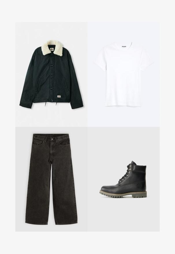 Schwarze Jacke mit einem krämfarbenen Kunstfellkragen, Frontdruckknöpfen, seitlichen Taschen und einem Kordelzug am Saum. Etikett auf der unteren linken Seite.; Schlichtes weißes T-Shirt mit kurzen Ärmeln und Rundhalsausschnitt mit gut sichtbarem WEEKDAY-Label am Kragen, dargestellt auf hellem Hintergrund.; Schwarze Jeans mit weitem Bein, Vorderknopf und Reißverschluss, Gürtelschlaufen und fünf Taschen, flach auf weißem Hintergrund ausgelegt.; Schwarze Leder-Stiefelette mit Schnürdesign, gepolstertem Kragen und strukturiertem Einsatz. Verfügt über eine robuste Sohle und ein geprägtes Logo an der Seite.