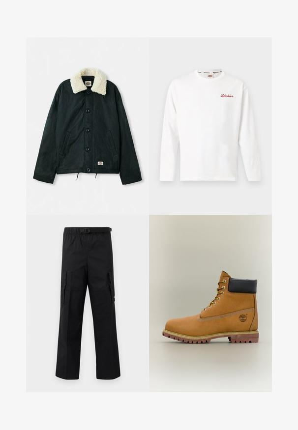 Sort jakke med en krave i cremefarvet faux shearling, frontknapper, sidelommer og snor i kanten. Etiket på nederste venstre side.; Hvid langærmet crewneck-trøje med lille rødt "Dickies"-logo på venstre bryst og mærket kantebånd på kraven.; Sorte cargo-bukser med bred ben-design, justerbar talje med spænde og to sidelommer til opbevaring. Letvægtsstof.; Brun læderankelstøvle med sort krave, gule snørebånd og tanfarvet sål. Har logo og hvide syninger som detalje. Robust ydersål med greb.