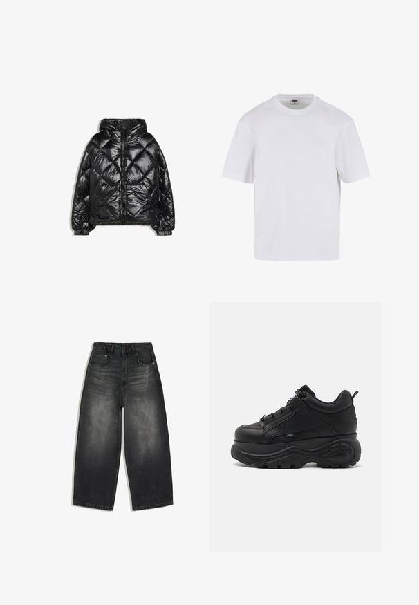 Schwarze glänzende gesteppte Daunenjacke mit Kapuze, Frontreißverschluss, elastischen Bündchen und zwei Fronttaschen, flach auf weißem Hintergrund gelegt.; Weißes T-Shirt mit kurzen Ärmeln aus Baumwolle. Besitzt einen Rundhalsausschnitt und eine lockere Passform. Glatte Textur, minimalistisches Design, ohne Muster oder Akzente.; Schwarz gewaschene Jeans mit weitem Bein, vorne und hinten Taschen, Gürtelschlaufen und einem Knopfverschluss in der Taille.; Schwarze Leder-Chucksneaker mit dicker Gummisohle, schlankem Design und strukturierten Akzenten. Verfügt über Schnürsenkel und eine Zuglasche an der Ferse.