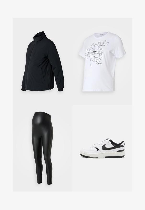Sort polstret jakke med ståkrave, sidelommer og elastiske manchetter. Har en lynlåslukning foran og en glat tekstur.; Hvid bomulds-t-shirt med en sort omrids tegning af en blomst og teksten "Lad os vokse sammen." Kortærmet og med rund hals.; Sorte graviditetsleggings med en glat, blank overflade. Høj talje design, der tilpasser sig en voksende mave. Stretchstof for komfort og pasform.; Hvide sneakers med sorte accenter, syntetisk lædermateriale, rund tå, polstret sål og perforerede detaljer på siden.