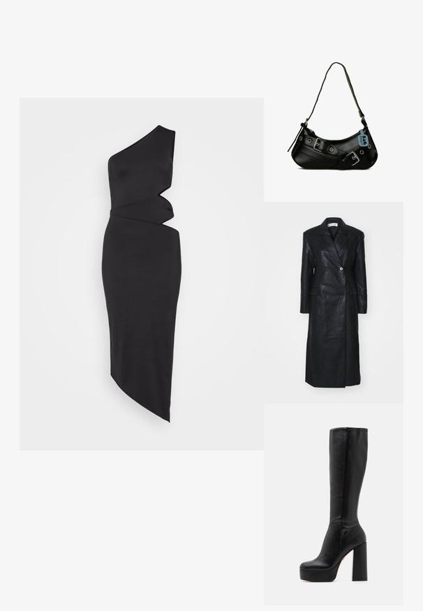 Manteau en cuir noir avec un design croisé, des revers crantés, des poches avant et une texture lisse. Longueur complète avec une silhouette droite.; Robe noire à épaule dénudée en tissu lisse, dotée d'une coupe asymétrique, de détails drapés et d'une silhouette élégante et moulante.; Bottes noires montantes en cuir lisse avec une finition texturée, dotées d'un talon bloc haut et d'un design à bout rond.; Sac à main synthétique noir avec une forme courbée, une bandoulière réglable et des boucles décoratives en métal. Présente une texture lisse et brillante.