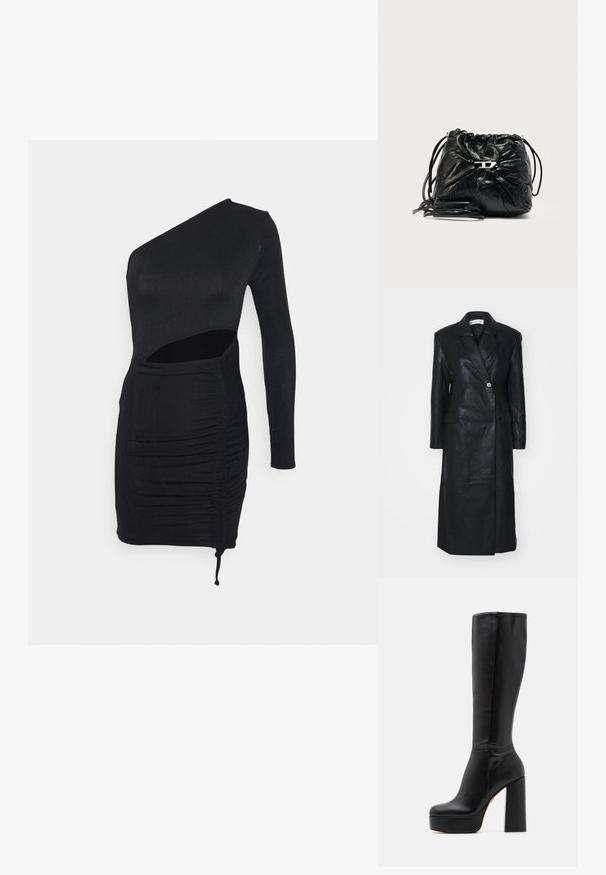 Manteau en cuir noir avec un design croisé, des revers crantés, des poches avant et une texture lisse. Longueur complète avec une silhouette droite.; IN THE STYLE RUCHED CUT OUT SLINKY MINI DRESS - Robe en jersey - black; Bottes noires montantes en cuir lisse avec une finition texturée, dotées d'un talon bloc haut et d'un design à bout rond.; Sac à cordon en cuir noir avec un design plissé, des détails en métal argenté et des bretelles réglables. Finition texturée apportant de la profondeur.