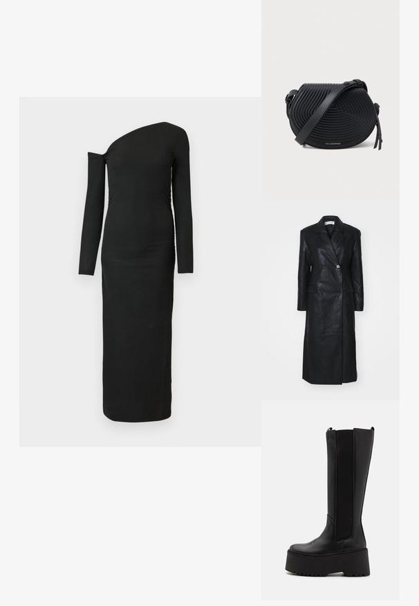 Schwarze Lederjacke mit doppeltreihigem Design, Reverskragen, Fronttaschen und einer glatten Textur. Vollständig in Länge und mit gerader Silhouette.; Schwarzes, eng anliegendes Langarmkleid mit asymmetrischem Ausschnitt und gerafftem Seitendetail, aus geripptem Stoff gefertigt.; Schwarze knielange Stiefel mit glattem Lederoberteil, elastischen Seitenpaneelen und einer dicken Plateausohle mit rutschfester Unterseite.; Schwarze Leder-Crossbody-Tasche mit gewellter Rippstruktur, runder Form und verstellbarem Tragegurt. Mit einem Logo an der Unterseite.
