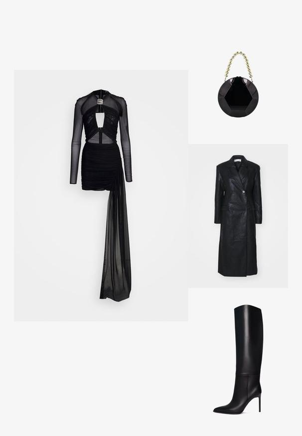 Schwarze Lederjacke mit doppeltreihigem Design, Reverskragen, Fronttaschen und einer glatten Textur. Vollständig in Länge und mit gerader Silhouette.; David Koma CRYSTAL BUCKLE DIAMOND CUTOUT MINI DRESS - Cocktailkleid/festliches Kleid - black/silver; Knöchelhohe schwarze Leder-Stiletto-Stiefel mit spitzem Zeh. Glatte Textur, strukturiertes Design und schmaler hoher Absatz. Keine sichtbaren Beschläge oder Muster.; Glänzende schwarze runde Handtasche mit sechseckigem Muster und kurzem Griff aus großen goldenen Perlen.