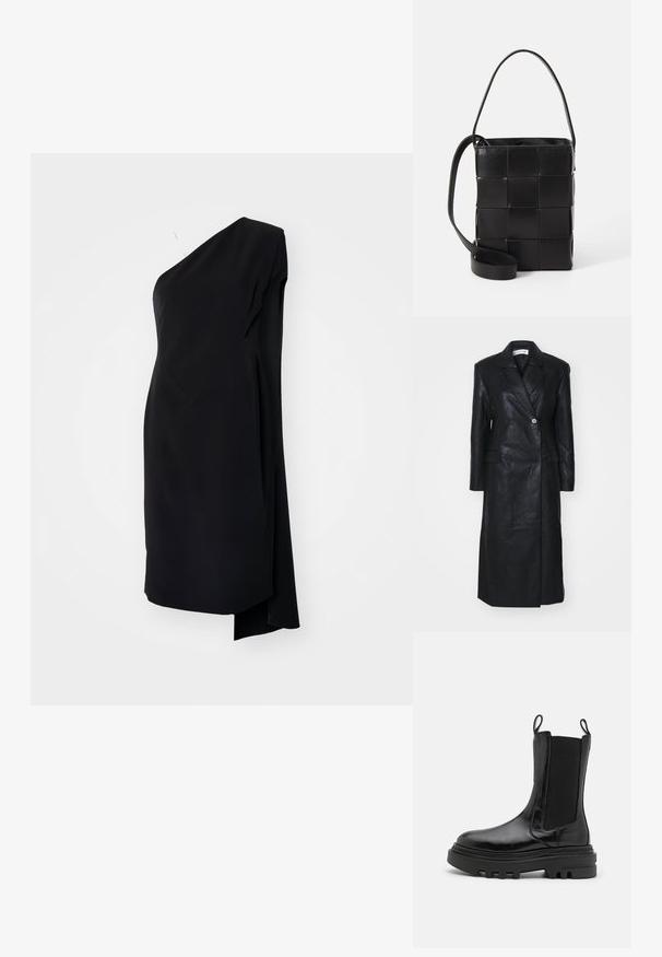 Schwarze Lederjacke mit doppeltreihigem Design, Reverskragen, Fronttaschen und einer glatten Textur. Vollständig in Länge und mit gerader Silhouette.; Schwarzes asymmetrisches Kleid mit einem Schulterträger, aus glattem Stoff, mit drapierter Gestaltung und seitlichem Schlitz für zusätzliche Details.; Schwarze Knöchelstiefel mit glänzendem Lederfinish, elastischen Seitenpaneelen, Ziehlaschen und einer dicken, strukturierten Gummisohle. Klobiges Design, elegante Silhouette.; Schwarze Lederhandtasche mit geflochtenem Design. Rechteckige Form, kurzer Griff und verstellbarer Riemen. Glatte Textur mit mattem Finish.