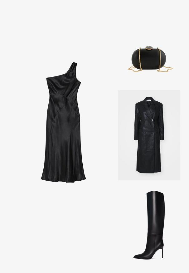 Schwarze Lederjacke mit doppeltreihigem Design, Reverskragen, Fronttaschen und einer glatten Textur. Vollständig in Länge und mit gerader Silhouette.; Schwarzes Satin-Kleid mit einer Schulter, tailliertem Oberteil und ausgestelltem Rock, mit diagonalen Nähten und durchgehend glatter Textur.; Knöchelhohe schwarze Leder-Stiletto-Stiefel mit spitzem Zeh. Glatte Textur, strukturiertes Design und schmaler hoher Absatz. Keine sichtbaren Beschläge oder Muster.; Schwarze ovale Clutch mit glatter Oberfläche, goldener Kettenriemen und rundem schwarz-goldenem Verschluss oben vor weißem Hintergrund.