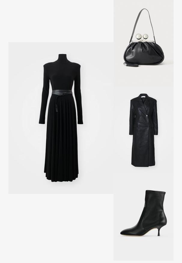 Sort læderfrakke med dobbelt-knappet design, Nashville krave, for-lommer og en glat tekstur. Hel længde med en lige silhuet.; Norma Kamali SHOULDER PAD TURTLE FLARED DRESS TO MIDCALF - Jerseykjole - black; Sort læderankelstøvle med spids tå og slank mellemhøj hæl, vist i profil på en lys baggrund.; Sort læderhåndtaske med opsamlet design, en enkelt rem, sølv metalramme og to store runde sølv lukninger.