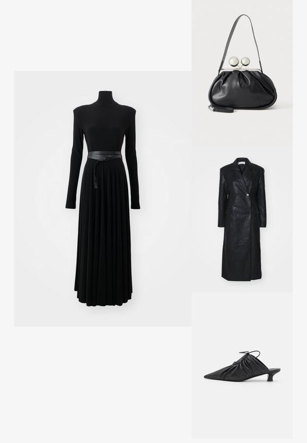 Zwarte leren jas met een dubbele knopenontwerp, ingerichte revers, voorkleurzakken en een soepele textuur. Volledige lengte met een rechte silhouet.; Norma Kamali SHOULDER PAD TURTLE FLARED DRESS TO MIDCALF - Jerseyjurk - black; Zwarte leren instappers met een spitse neus, gegatherde textuur en een kleine kittenhiel. Heeft een trekkoorddetail aan de opening.; Zwarte leren handtas met een geplooid ontwerp, een enkele schouderband, zilverkleurige metalen omlijsting en twee grote ronde zilveren sluitingen.